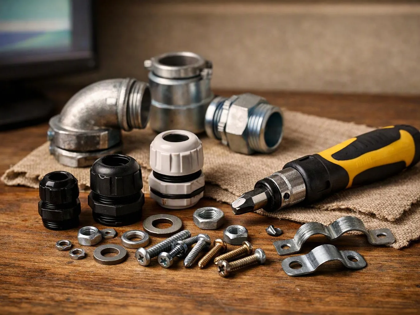 Assorted metal pipe fittings, screws, washers, and a yellow black screwdriver rest on a wooden work surface