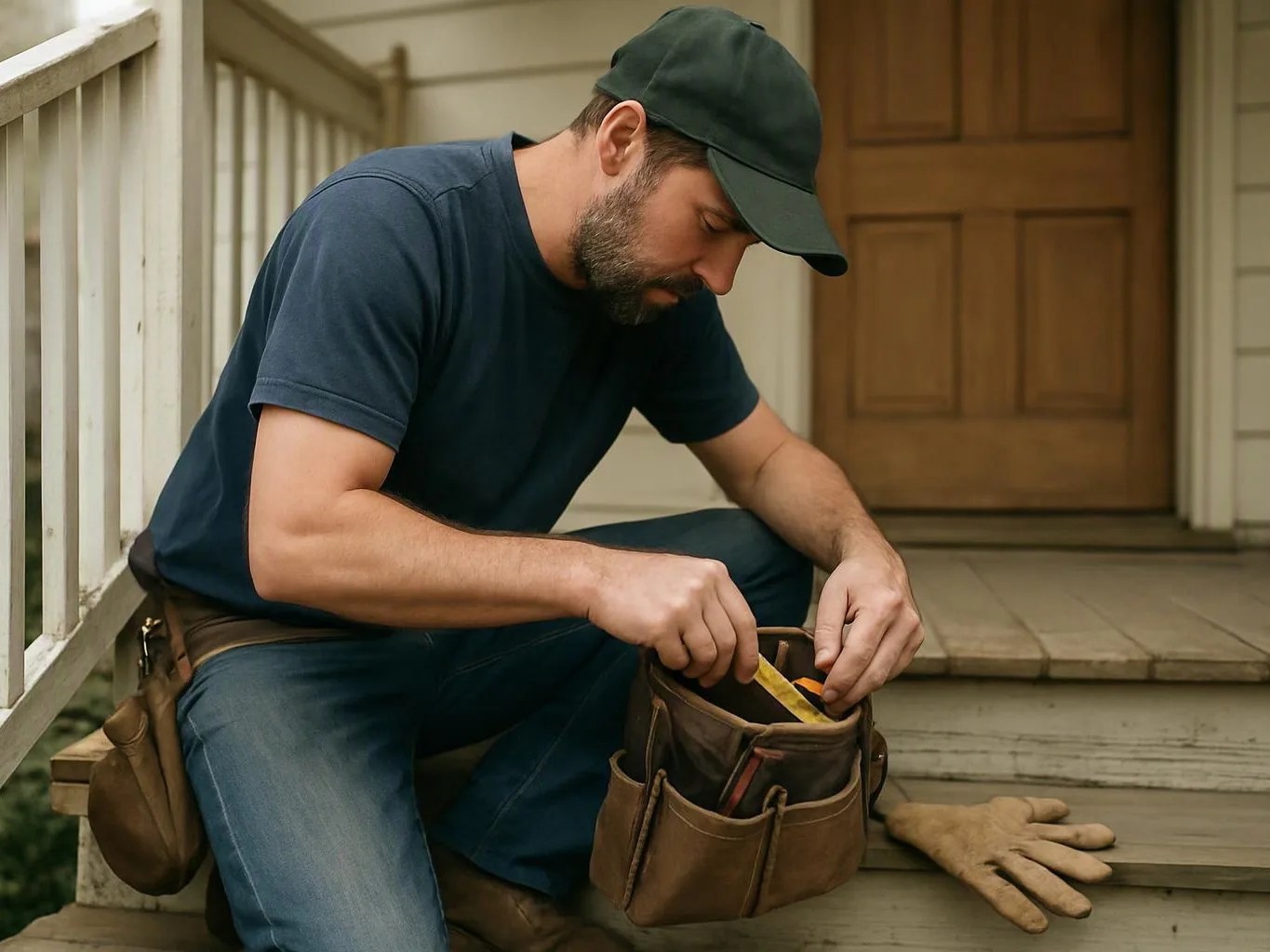 A bearded man in a cap kneels on a porch, sorting tools in a brown bag
