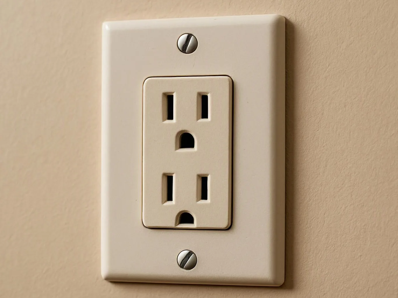A beige electrical wall outlet with two sockets sits on a plain painted wall