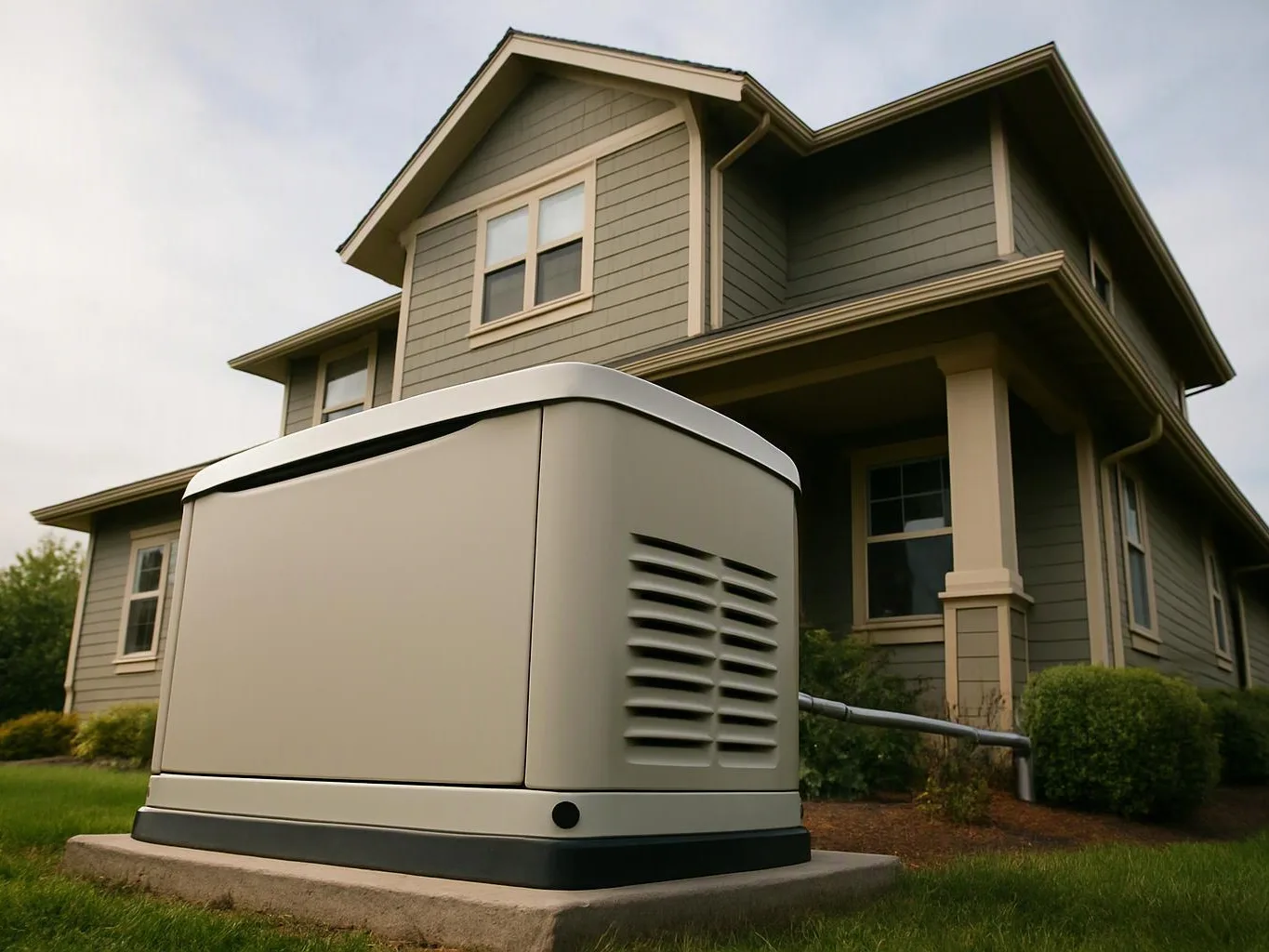 A beige home generator sits on a concrete pad beside a gray two-story house with a grassy yard