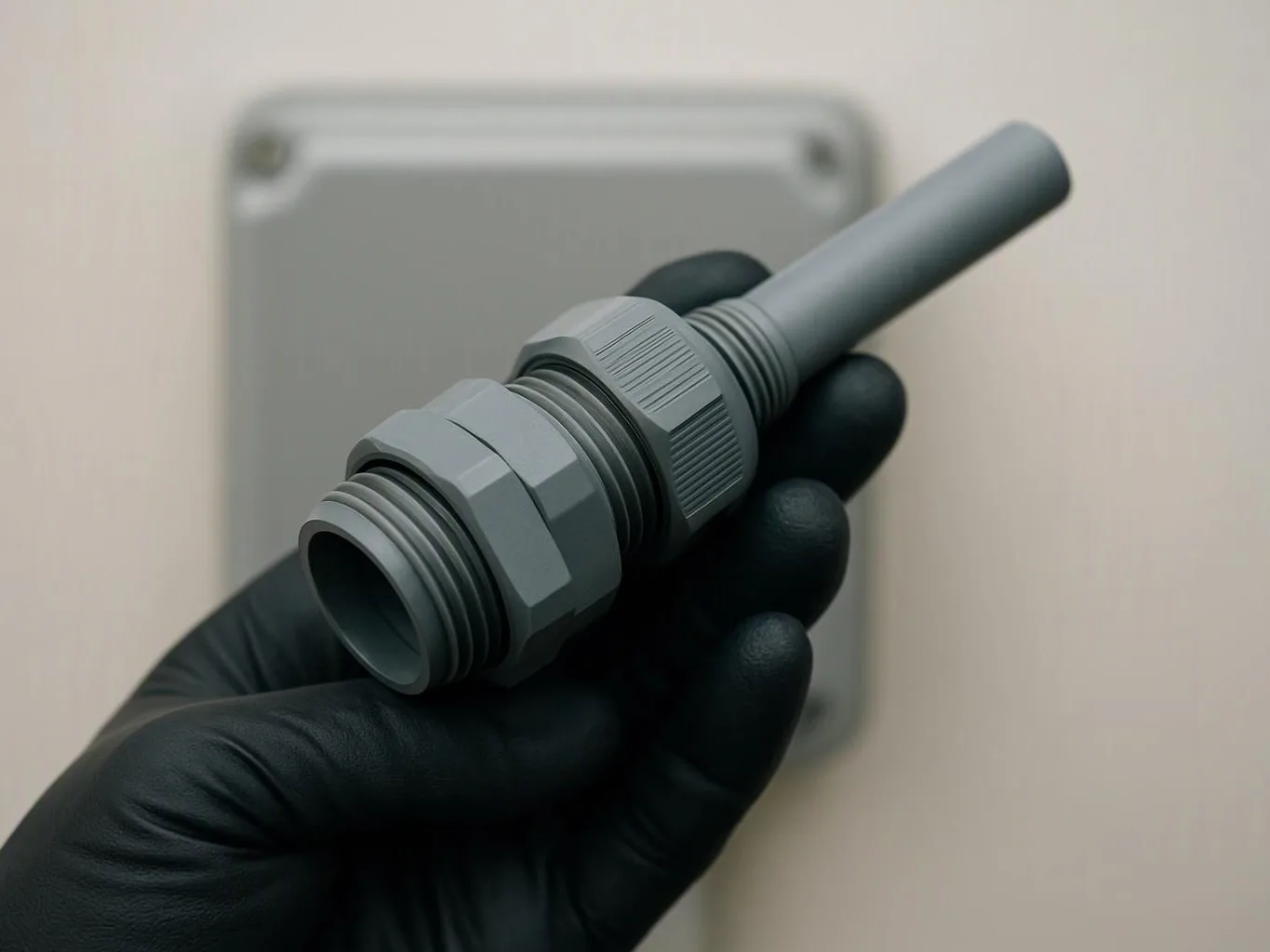 A black-gloved hand holds a gray plastic cable gland in front of a beige wall panel
