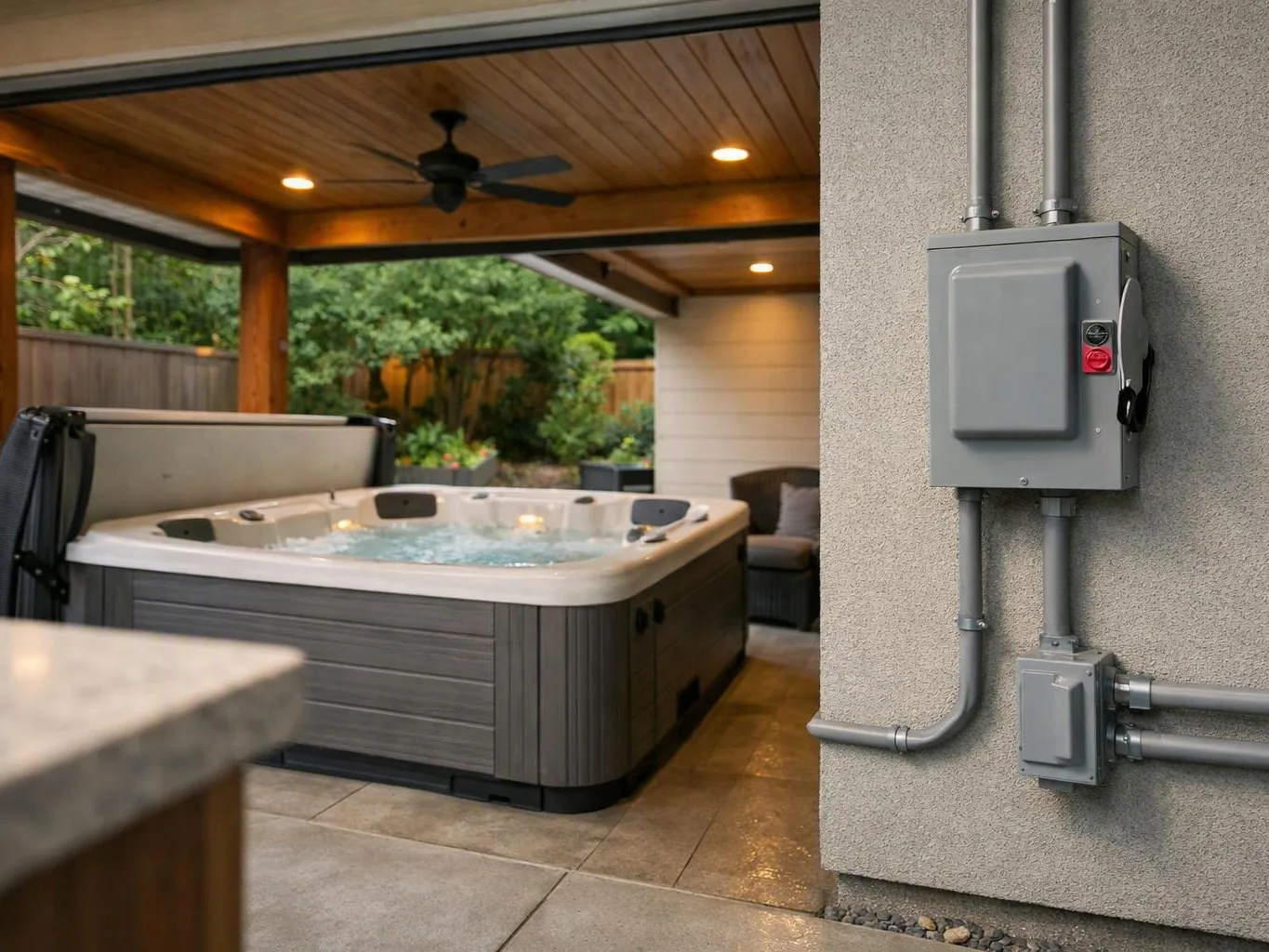 A bubbling hot tub sits under a covered patio beside gray electrical boxes and concrete walls