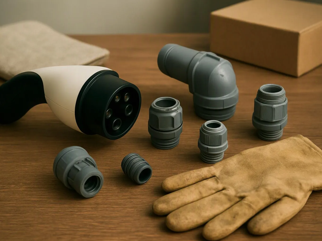 A camera charger and several gray plastic adapter fittings sit on a wooden table beside a work glove