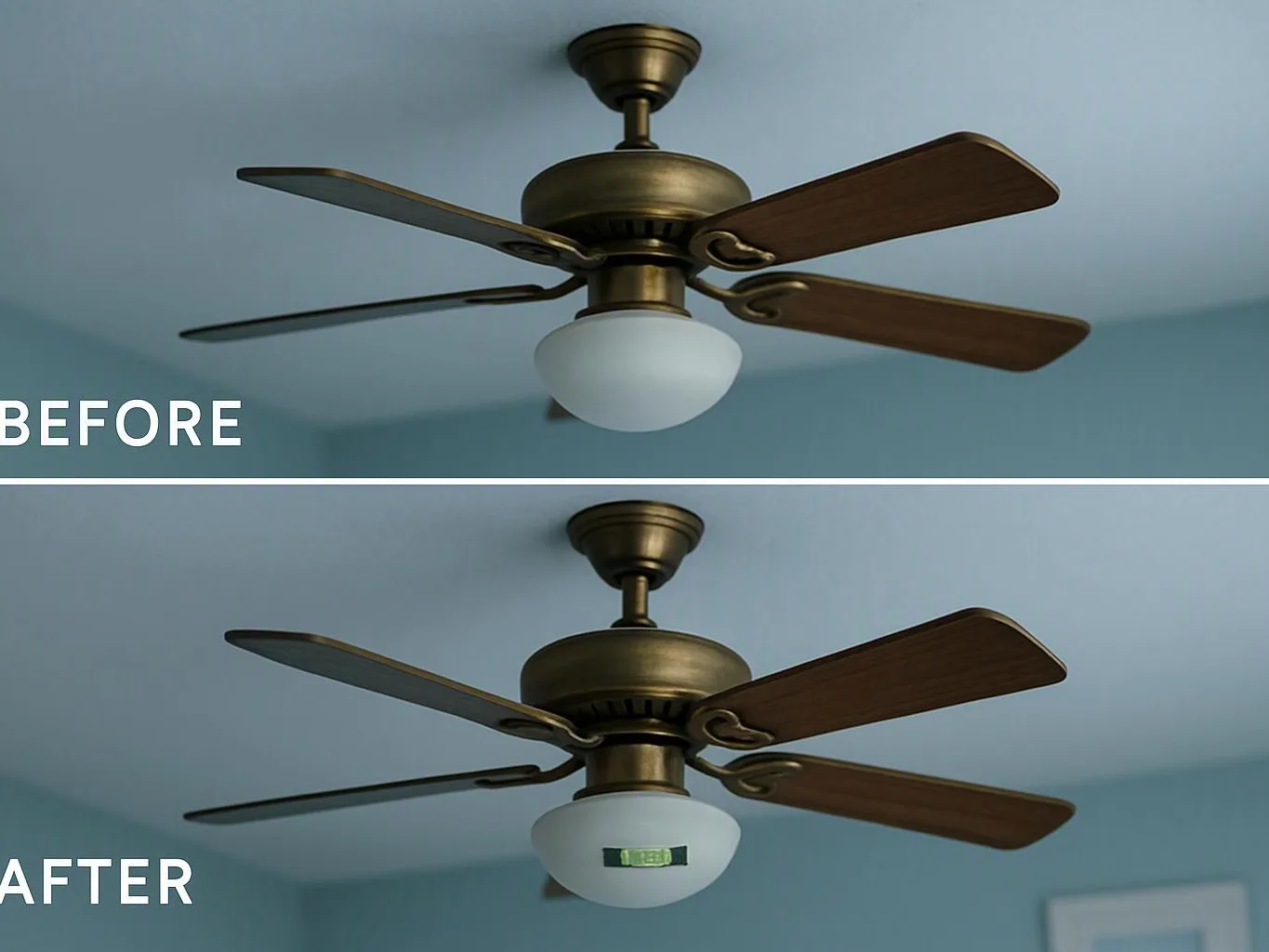 A ceiling fan with wooden blades hangs in a blue room, shown in before and after views with a small label on the light globe