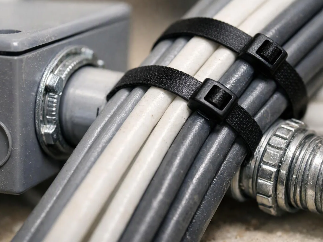 Close-up of bundled gray and white cables held with black zip ties beside metal conduit fittings
