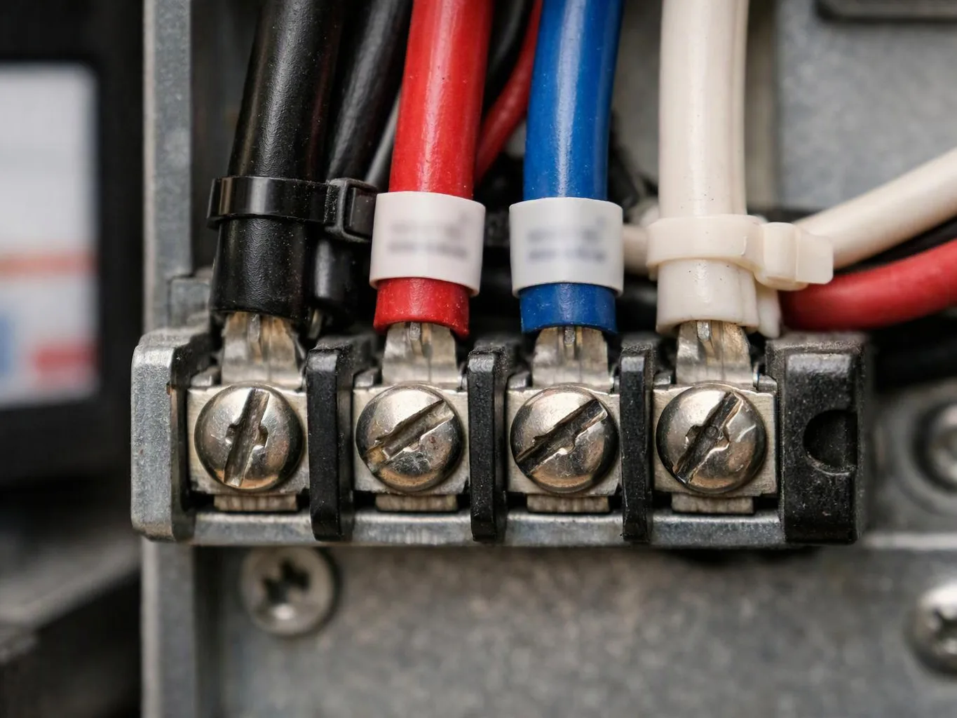 Close-up of colored electrical wires clamped into a metal terminal block with screws