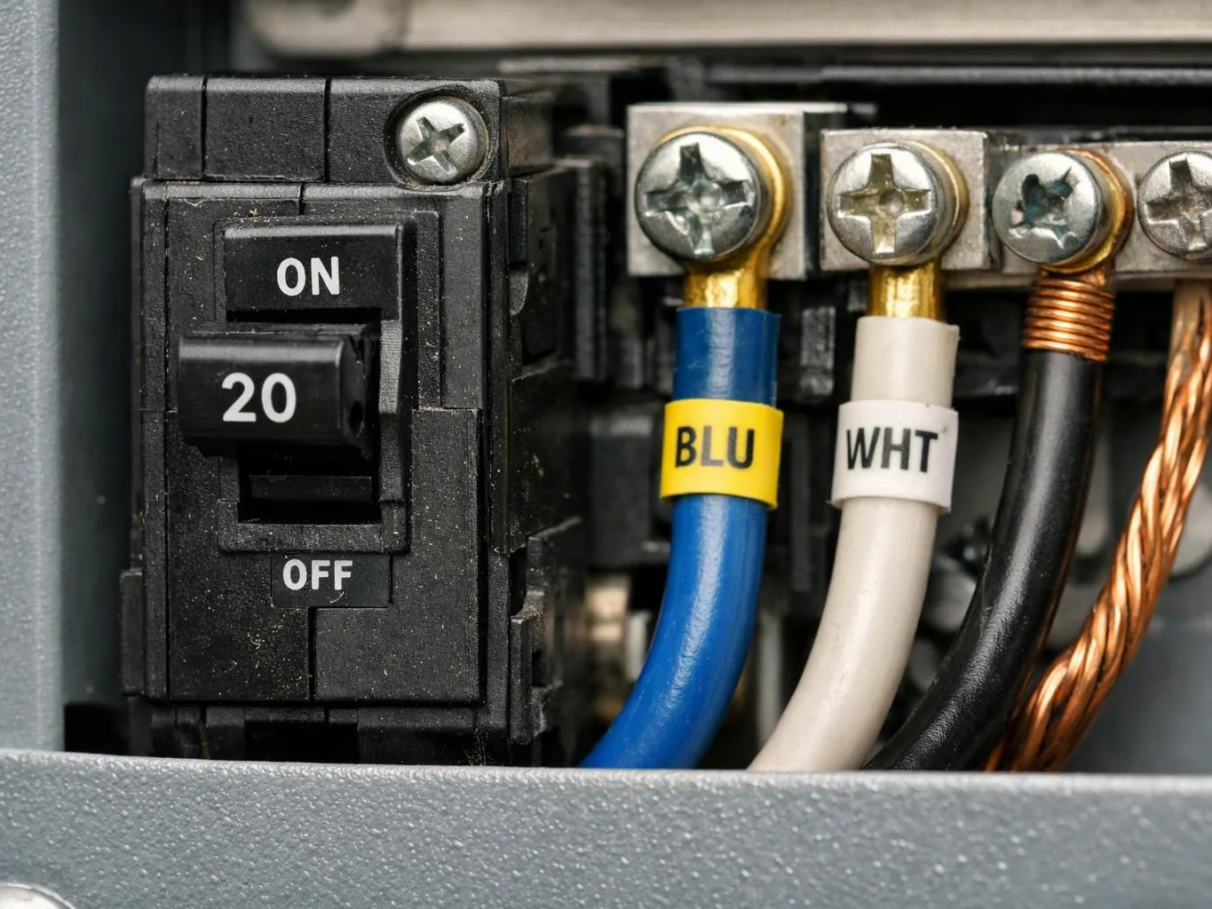 Close-up of an electrical breaker and connected wires inside a metal panel