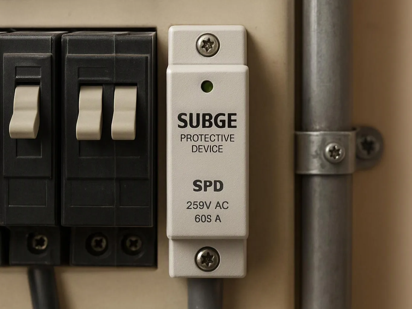 Close-up of electrical switches beside a labeled surge protective device mounted on a beige panel