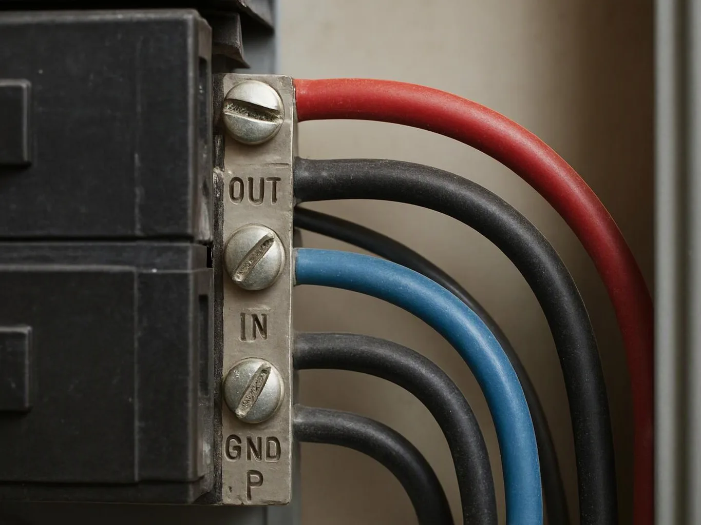 Close-up of electrical terminals with red, black, and blue wires connected to a metal block labeled OUT, IN, and GND