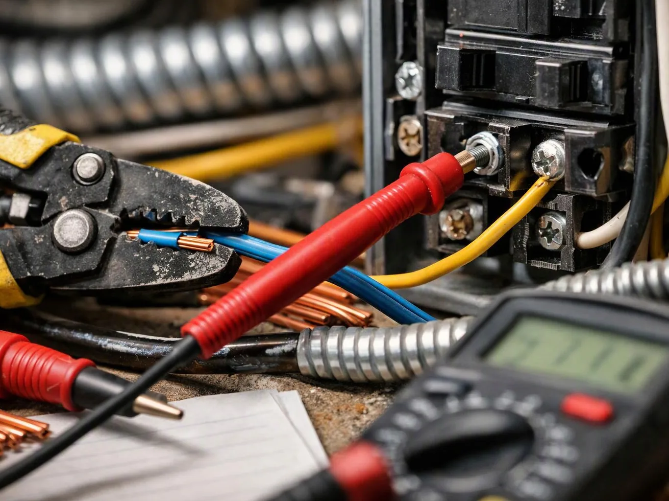 Close-up of an electrician testing wires with pliers, probes, and a multimeter on a workbench