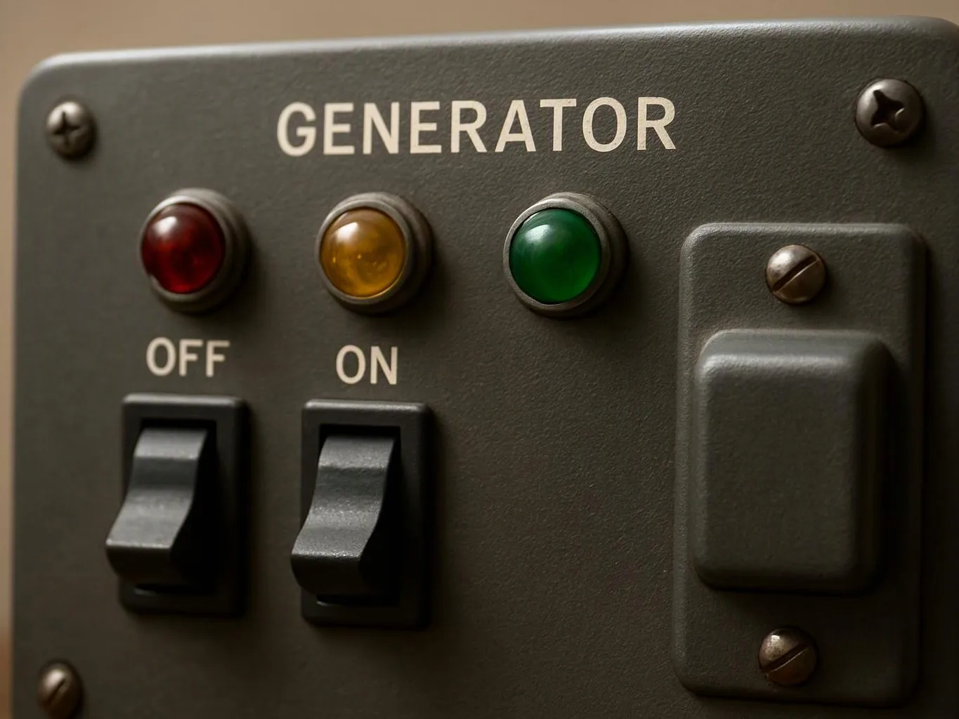 Close-up of a generator control panel with colored indicator lights and OFF/ON toggle switches
