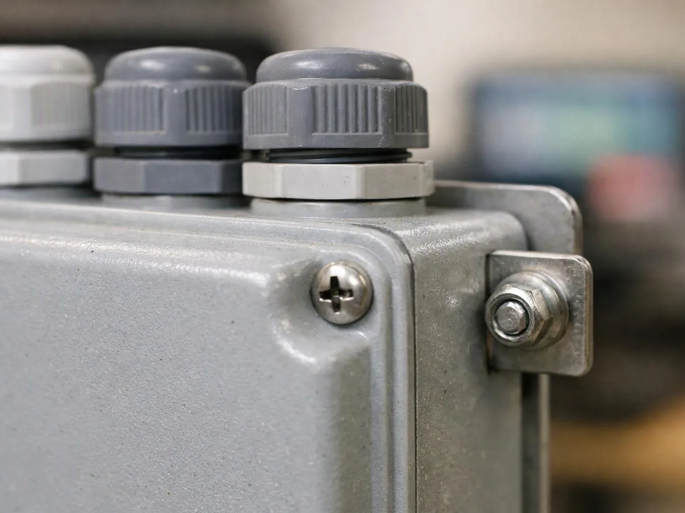 Close-up of a gray metal electrical box with cable glands and a mounting bolt on top