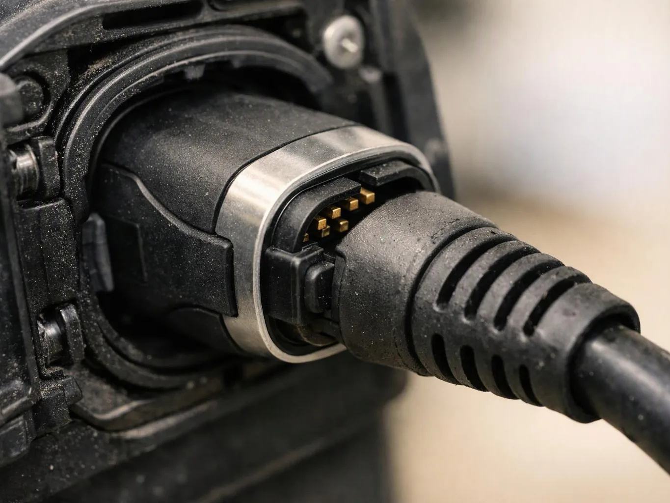 A close-up shows a black electrical connector plugged into a device, with gold pins visible and a thick cable attached