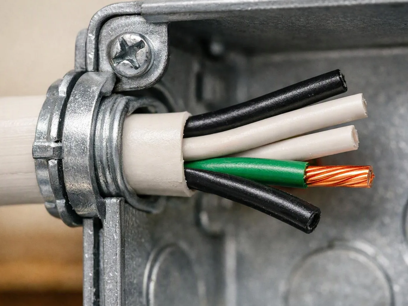 A close-up shows electrical wires pulled through a metal junction box opening