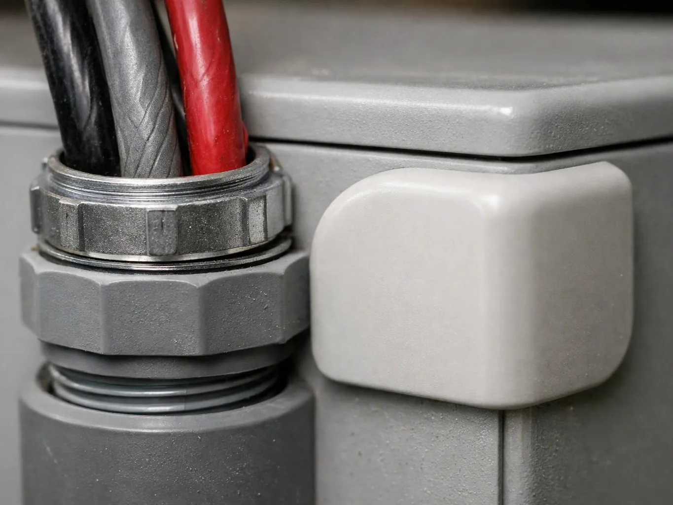 Close-up of thick black and red cables entering a gray plastic electrical box through a metal connector