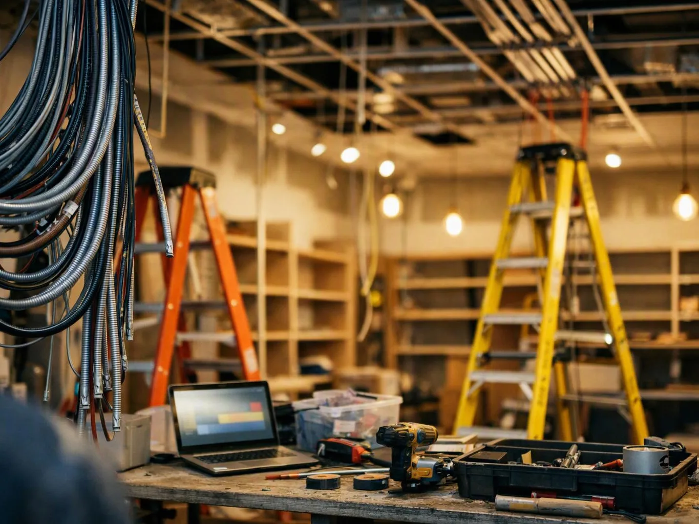 A cluttered workshop shows ladders, hanging cables, a laptop, and tools on a workbench under exposed ceiling lights