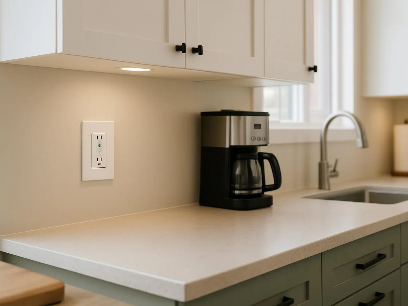 A coffee maker sits on a clean kitchen counter beside a sink and wall outlet