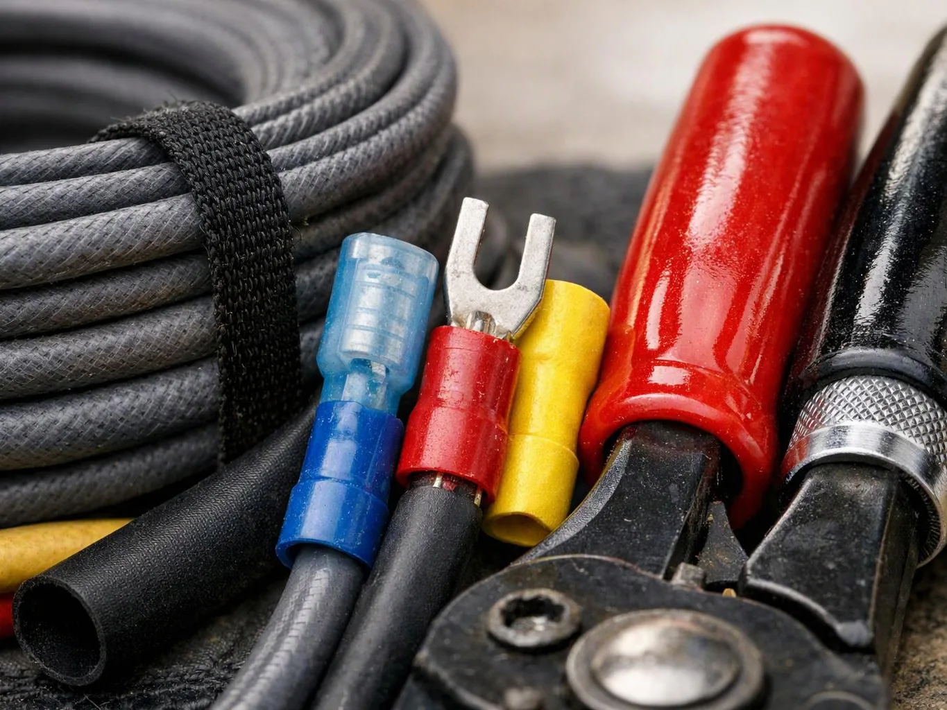Coiled cables and color-coded connectors lie beside red and black tool handles on a work surface