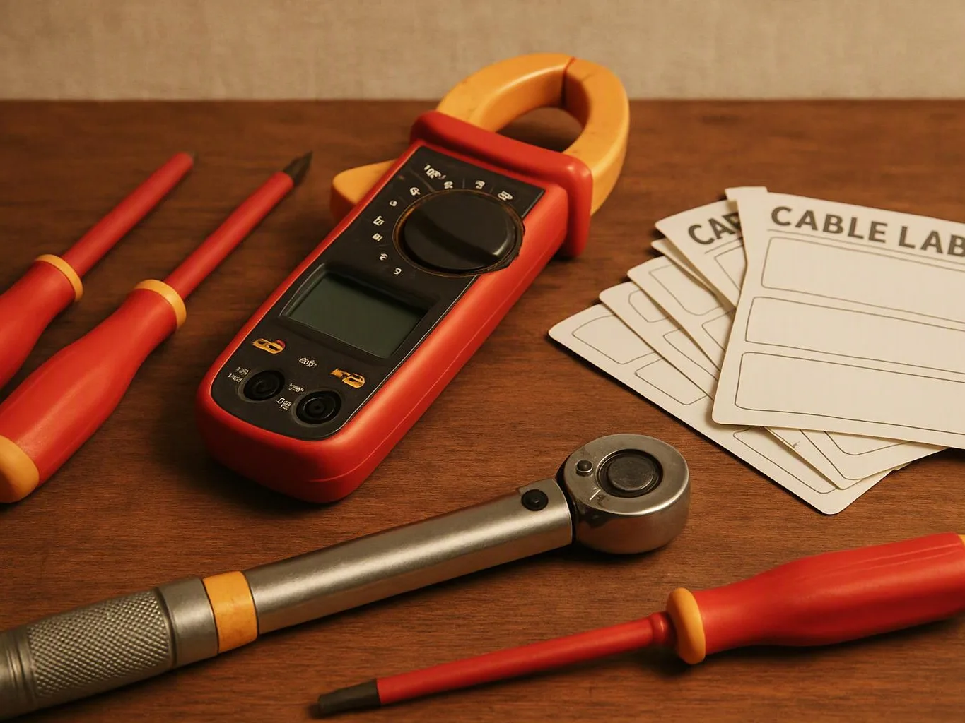 A digital clamp meter, screwdrivers, ratchet wrench, and cable labels are arranged on a wooden surface