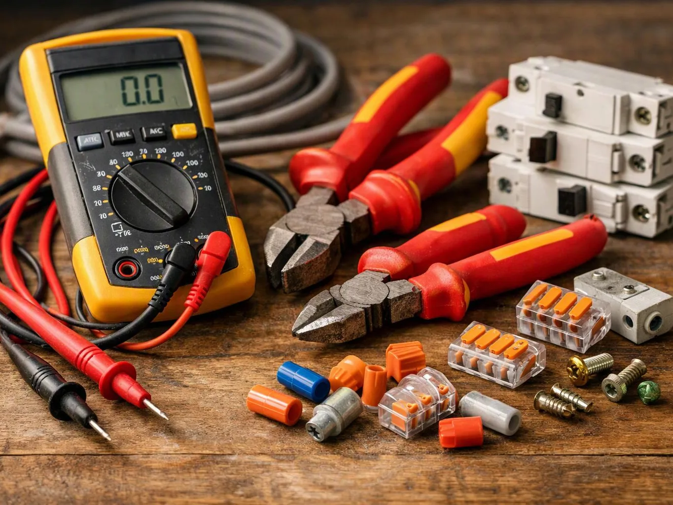 A digital multimeter, pliers, wire connectors, screws, and circuit breakers lie on a wooden workbench