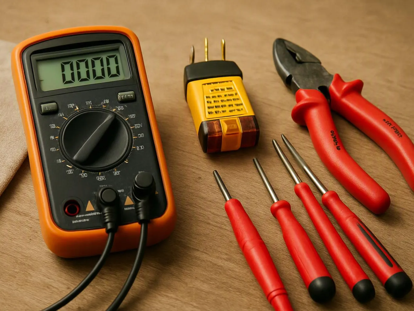 A digital multimeter, voltage tester, wire cutters, and red-handled screwdrivers rest on a wooden surface