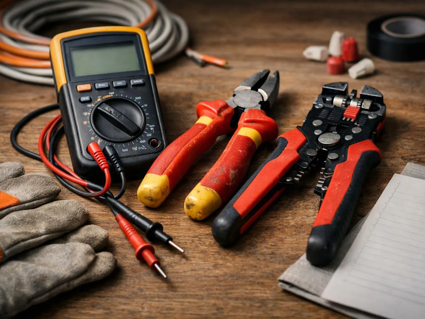 A digital multimeter, wire strippers, pliers, gloves, and cables rest on a wooden workbench