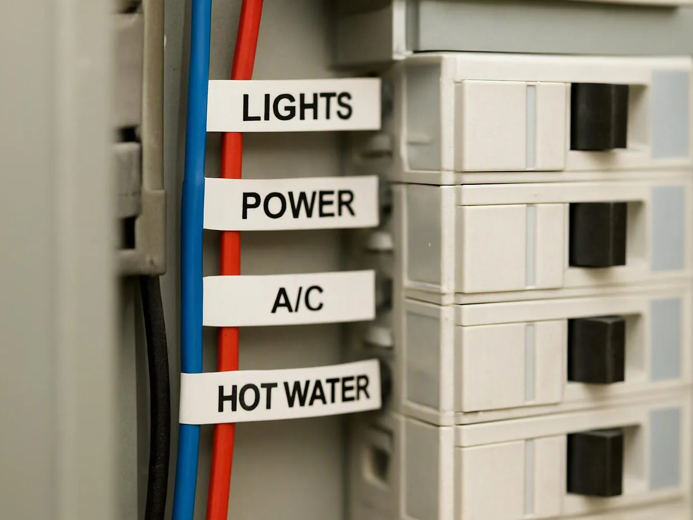 Electrical breaker panel with labeled wires for lights, power, A/C, and hot water beside white switches