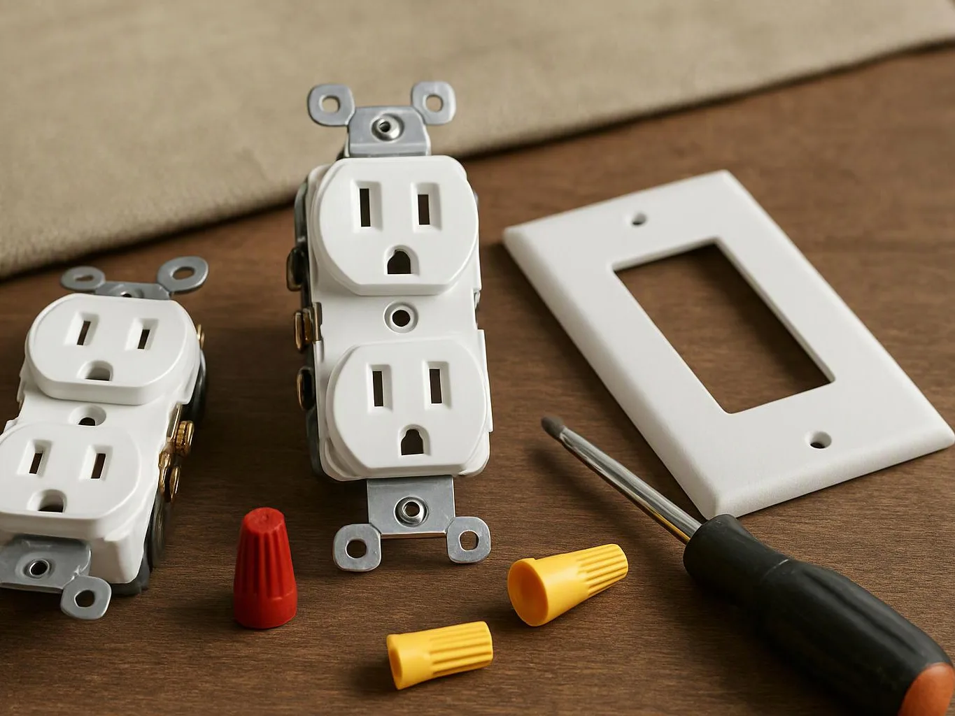 Electrical outlets, a wall plate, wire nuts, and a screwdriver sit on a wooden surface