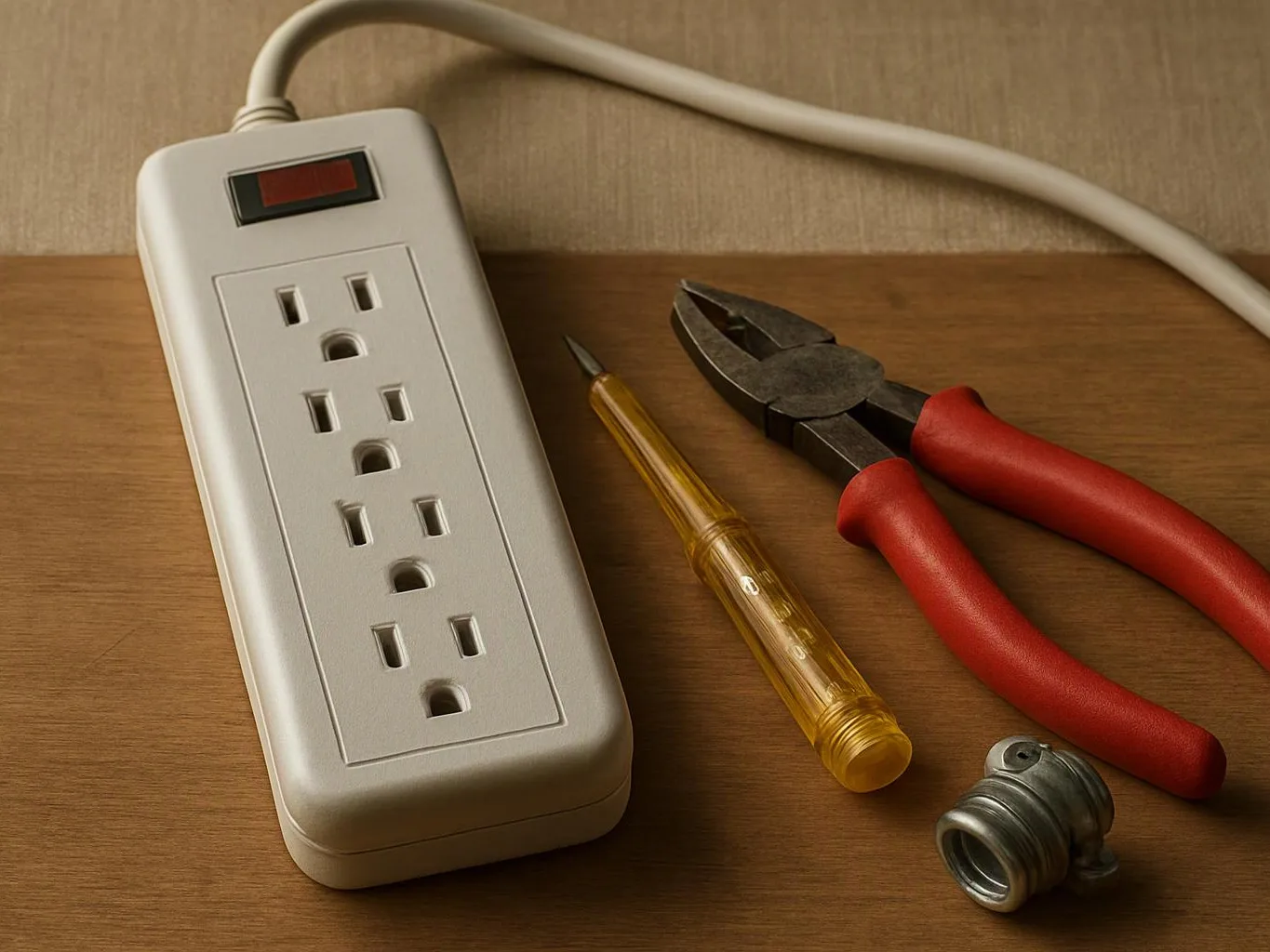 An electrical power strip lies on wood beside pliers, a screwdriver, and a loose light socket piece