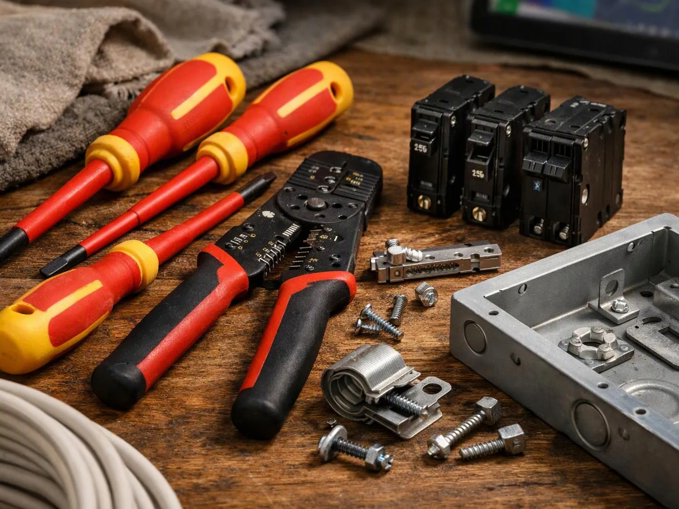 Electrical tools, breaker parts, screws, and a metal box are laid out on a wooden workbench