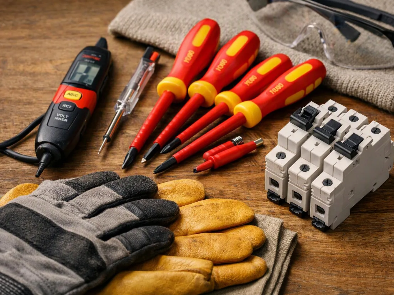 Electrical tools, insulated screwdrivers, gloves, safety glasses, and a breaker block lie arranged on a wooden workbench