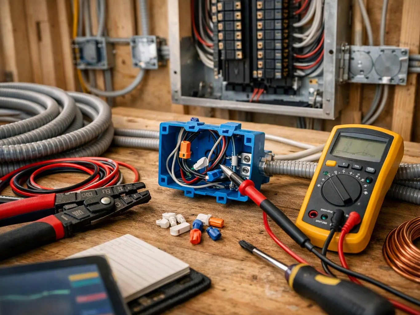 Electrical tools and wire connectors sit on a workbench beside an open outlet box and test meter