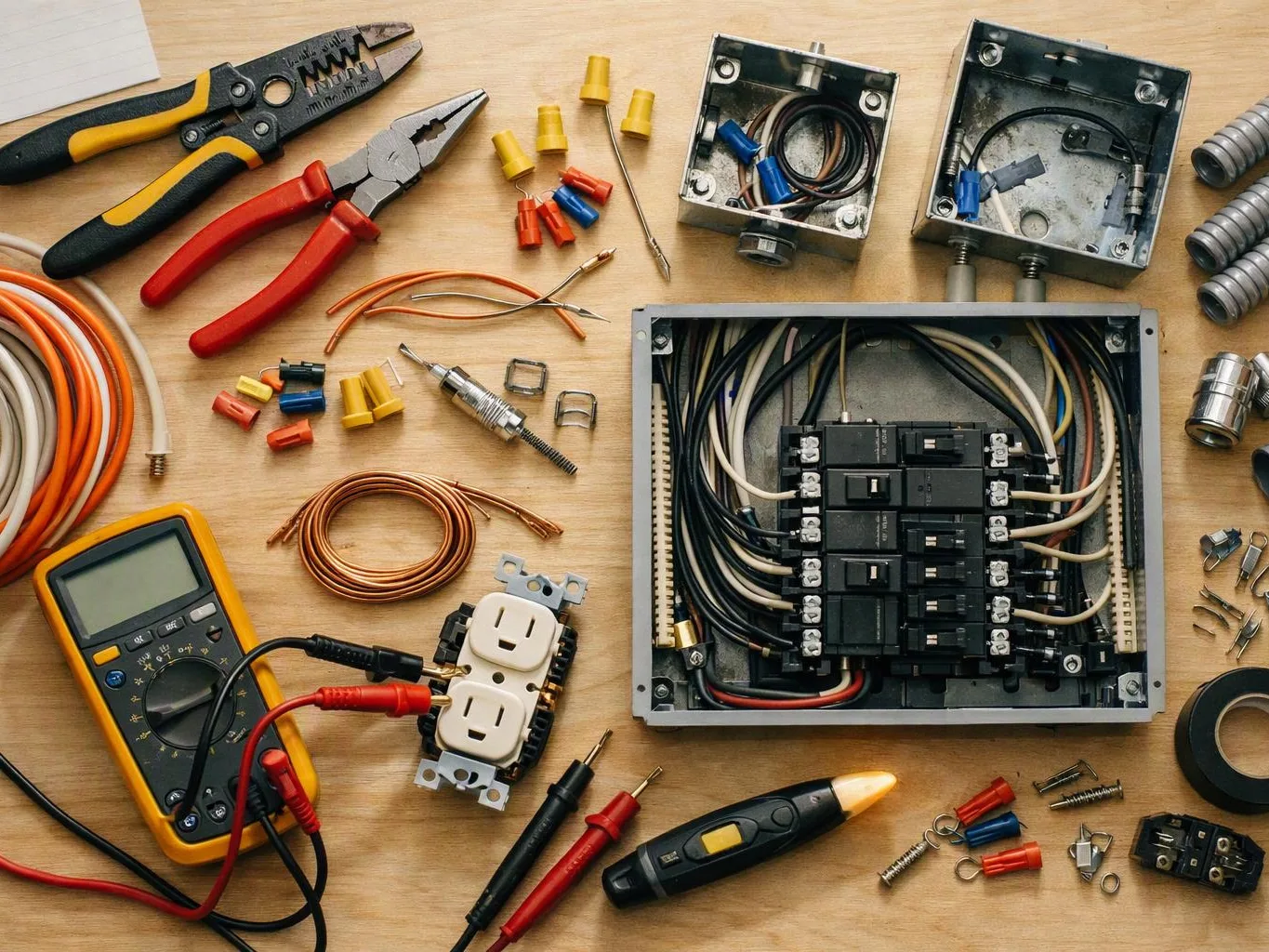Electrical tools, wires, outlets, and open junction boxes spread across a wooden work surface