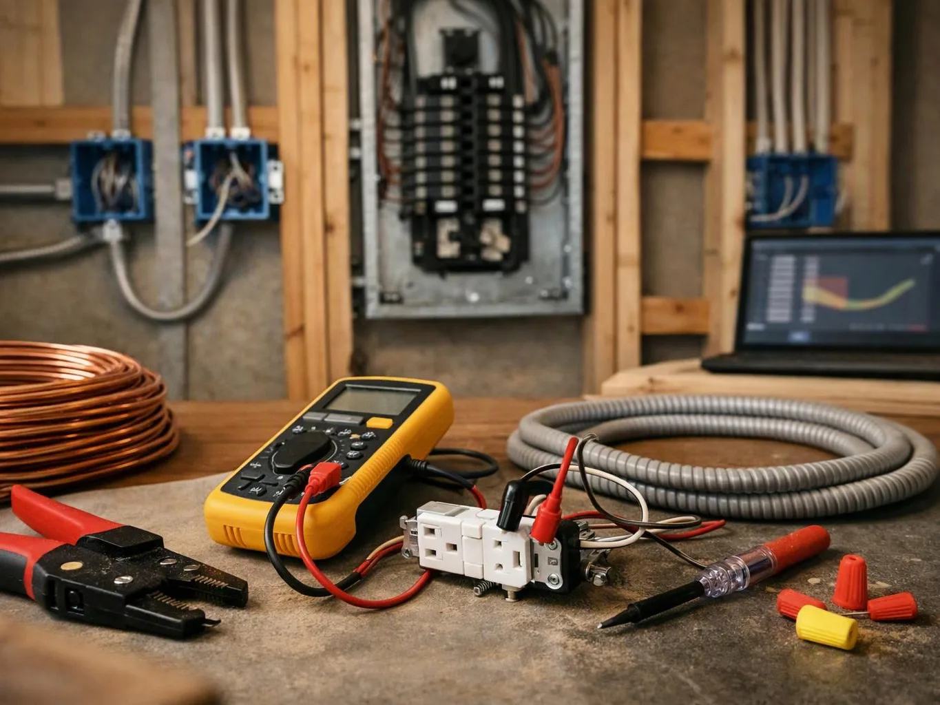 Electrical tools and wiring sit on a workbench in an unfinished room with open wall panels