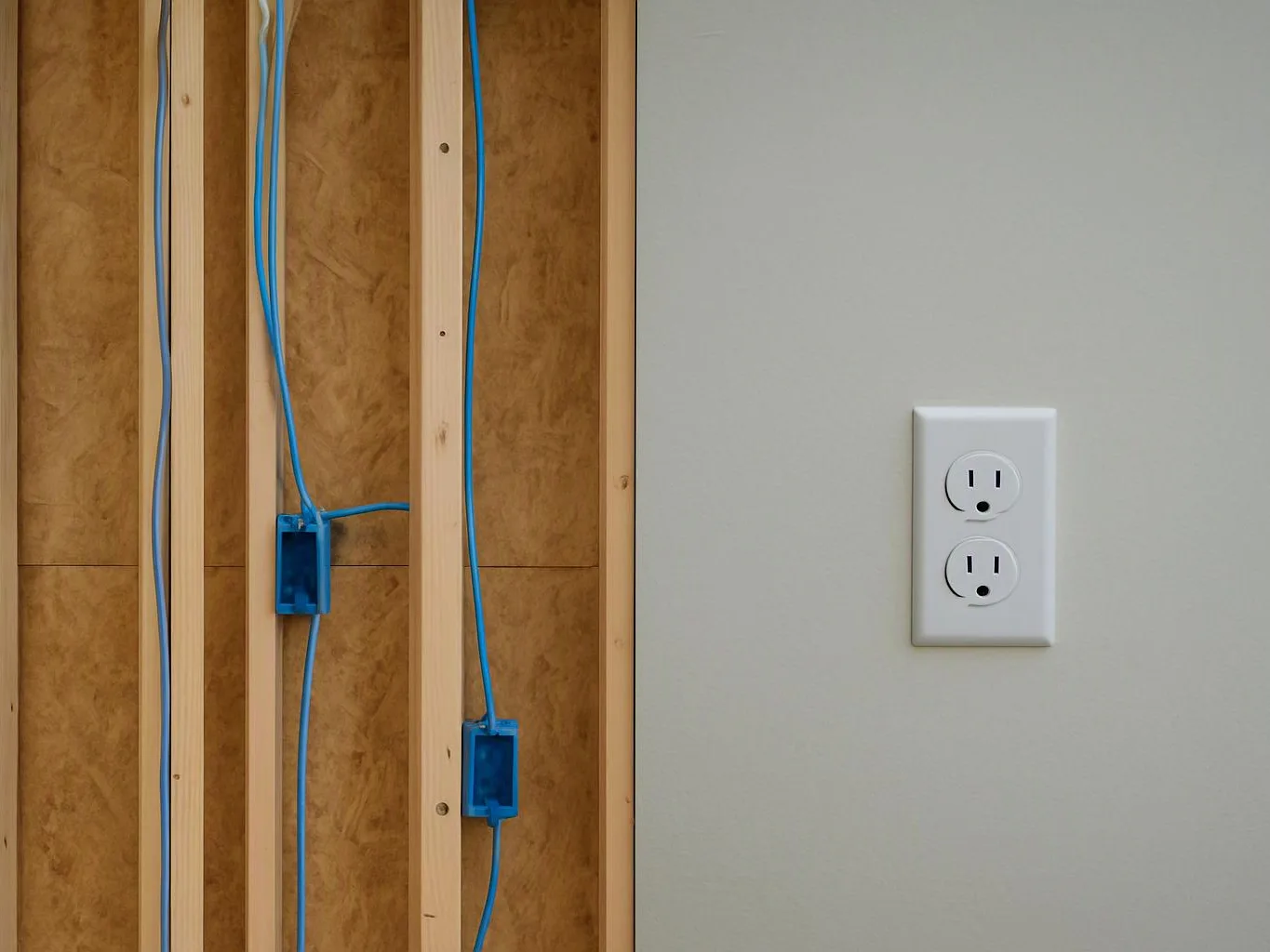 Exposed blue electrical wires run through wall studs beside a white double outlet on a plain wall