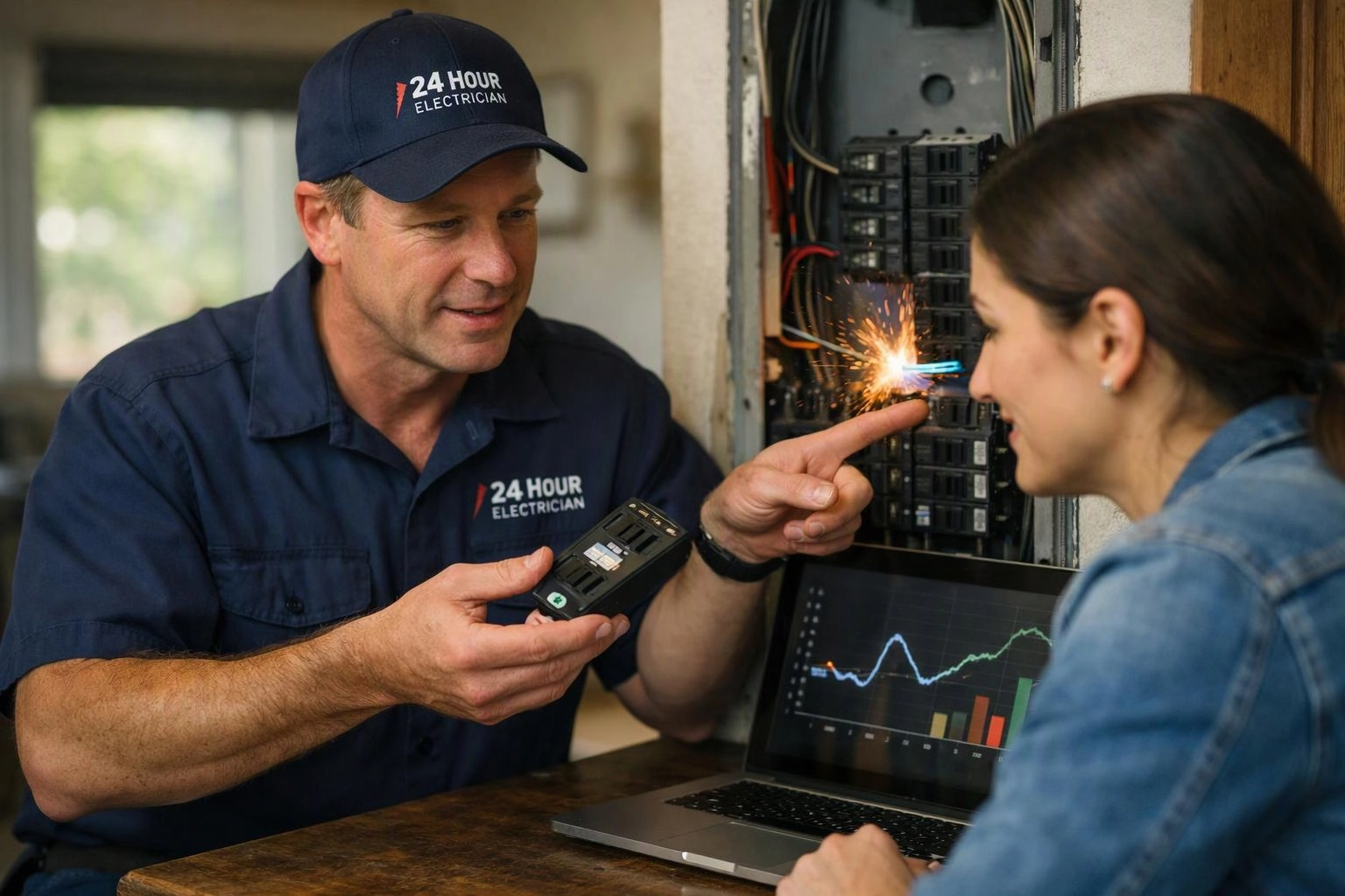 An electrician in a navy cap shows a woman a sparking breaker panel beside a laptop on a table
