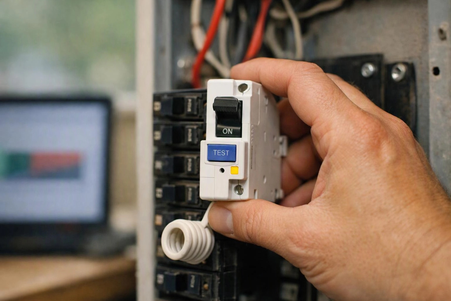 A hand holds a white circuit breaker labeled ON and TEST inside an electrical panel