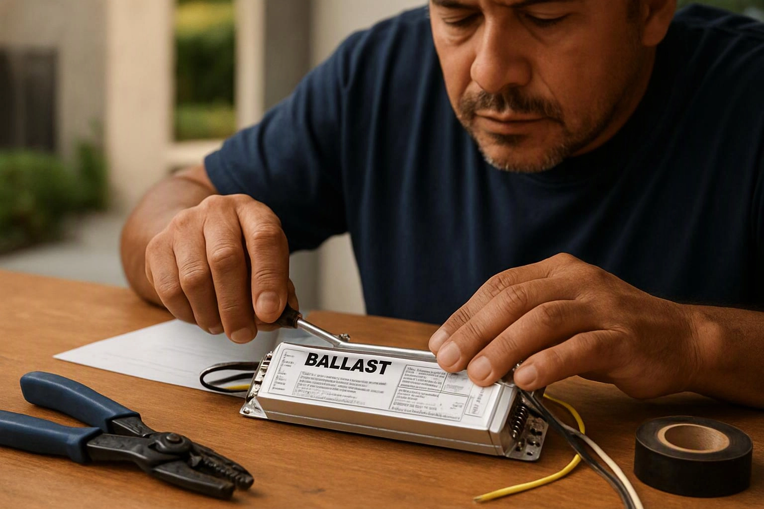 A man in a navy shirt works on a labeled ballast at a wooden table with pliers and tape nearby
