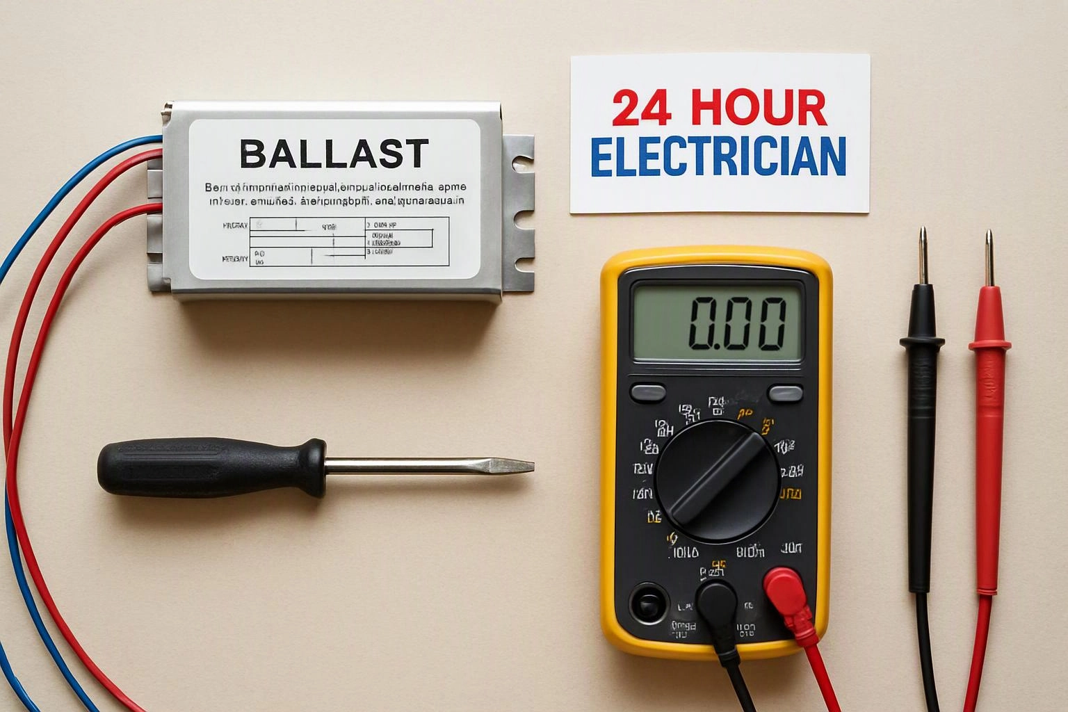 A screwdriver, multimeter, test probes, wiring, and a ballast sit beside a sign reading “24 HOUR ELECTRICIAN”