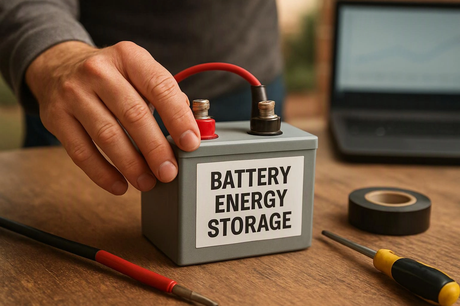 A hand adjusts a small battery box labeled “BATTERY ENERGY STORAGE” beside tools on a wooden table