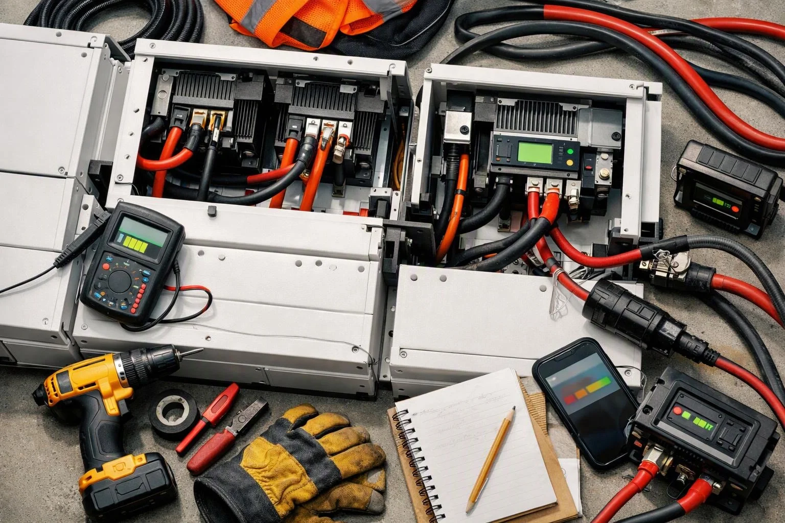 Open electrical control boxes lie on a concrete floor with thick cables, tools, gloves, and test meters around them
