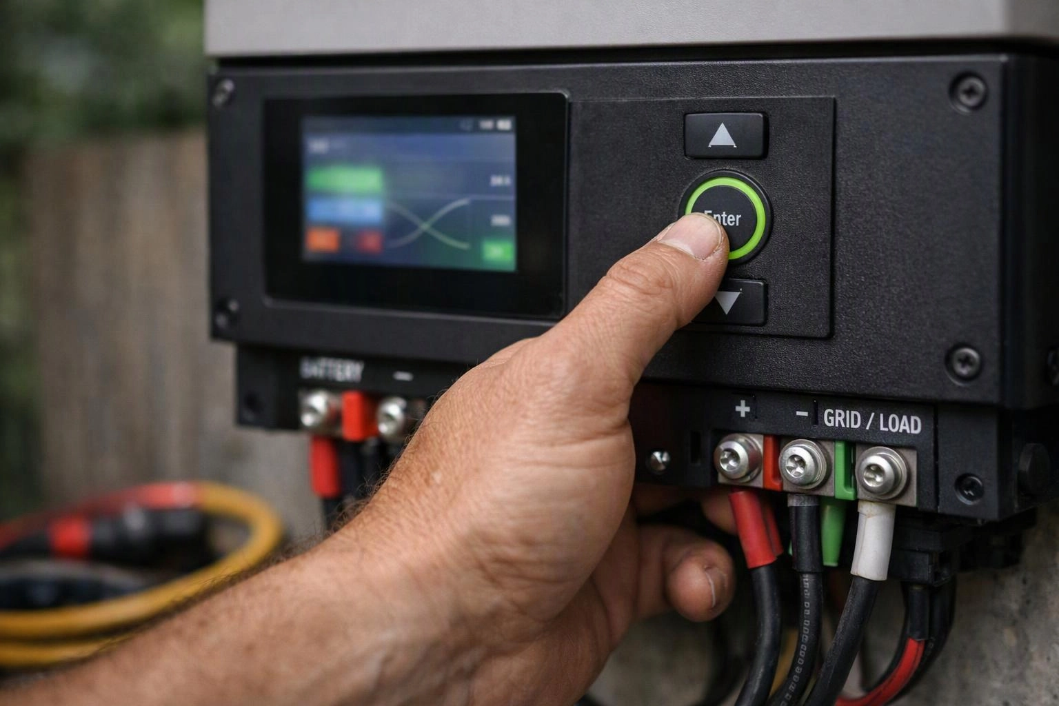 A hand presses an Enter button on a black electrical control box with connected wires outdoors
