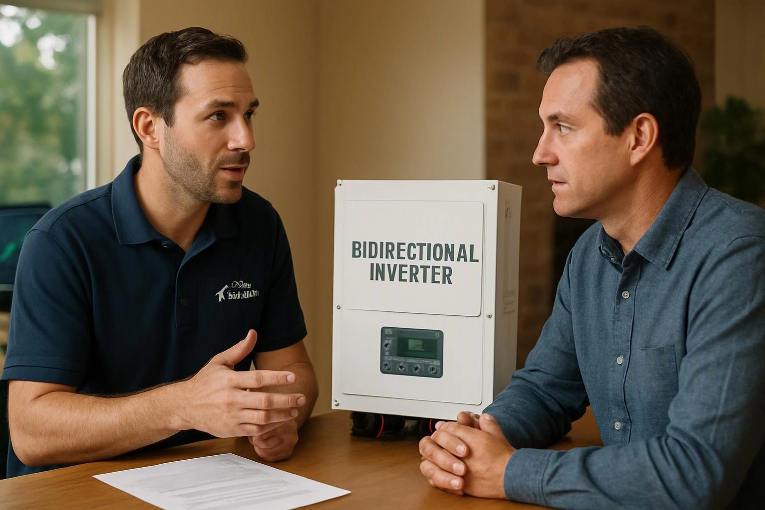 Two men sit at a table discussing a white bidirectional inverter box in a bright room