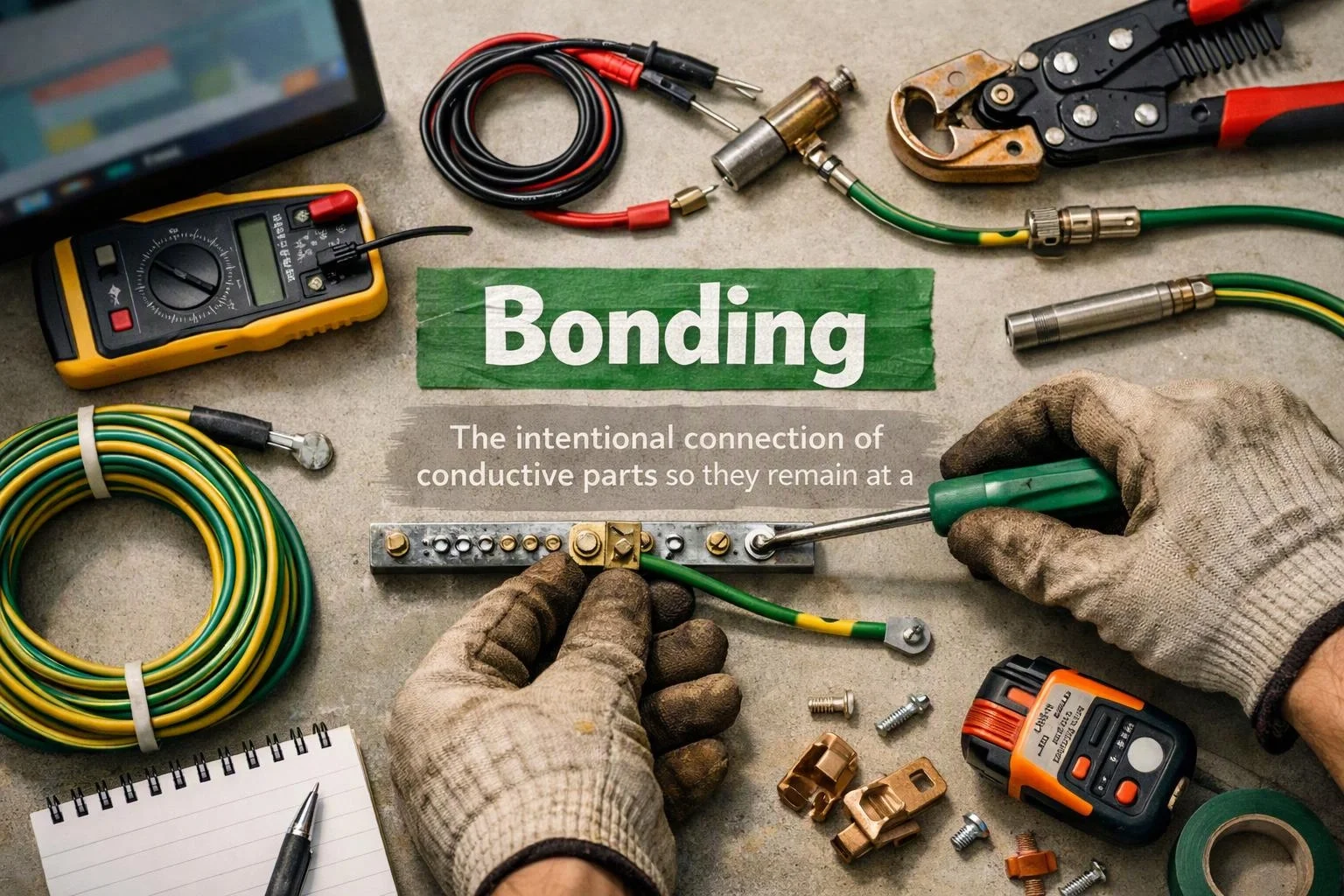 Gloved hands connect green-yellow wires on a metal grounding bar surrounded by electrical tools and test meters