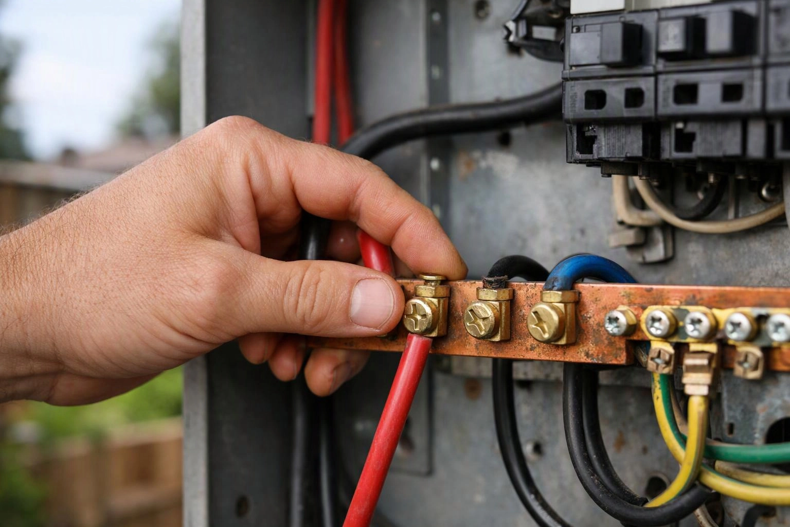 A hand holds a red wire against a rusty electrical panel with connected colored cables
