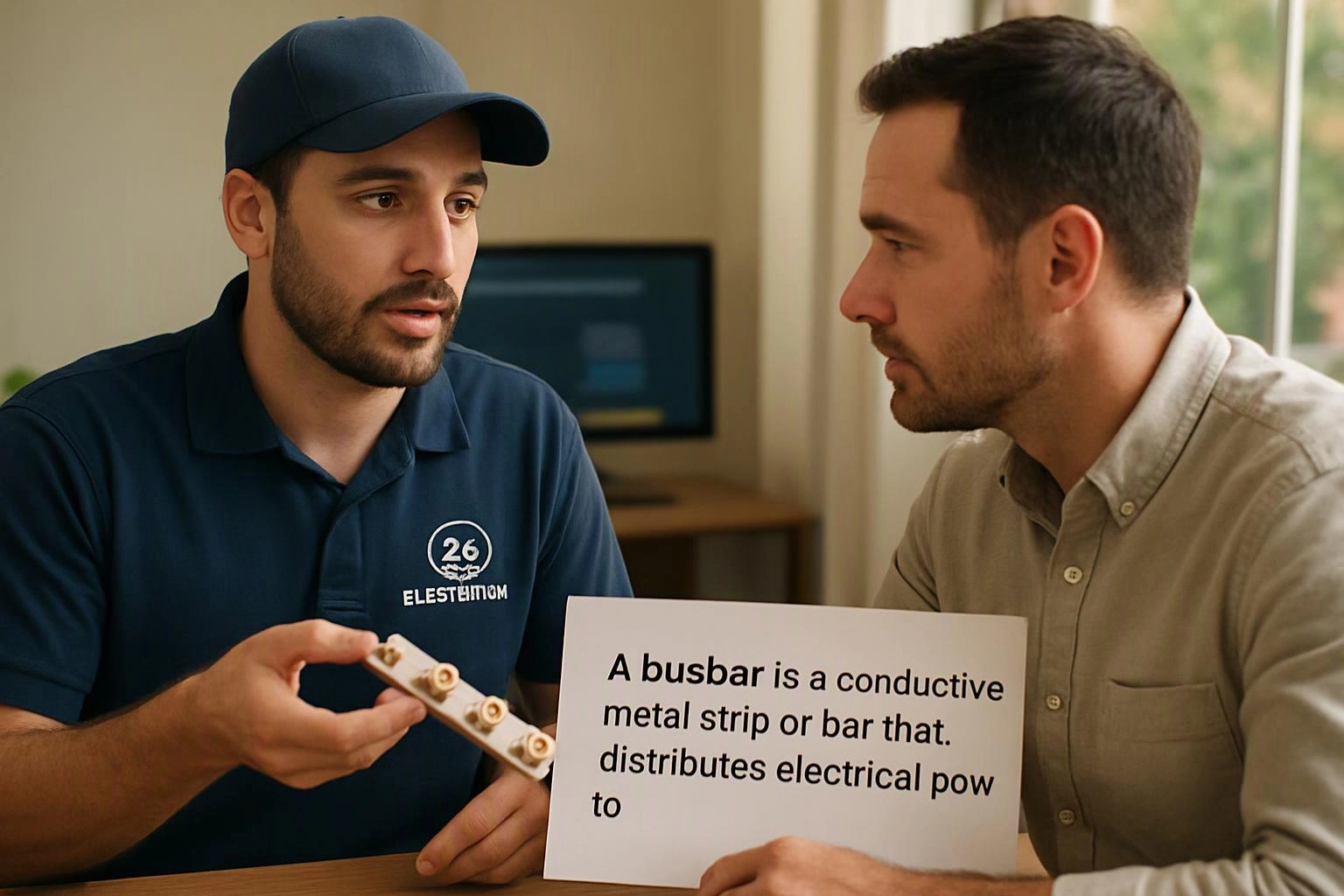 Two men sit at a table, one holding a metal strip while the other reads a card about a busbar