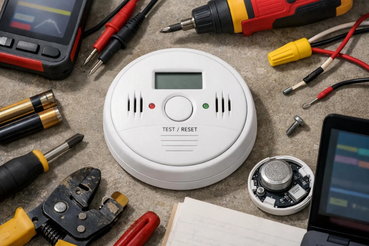 A smoke alarm sits among screwdrivers, test leads, batteries, a drill, and other electrical tools on a workbench