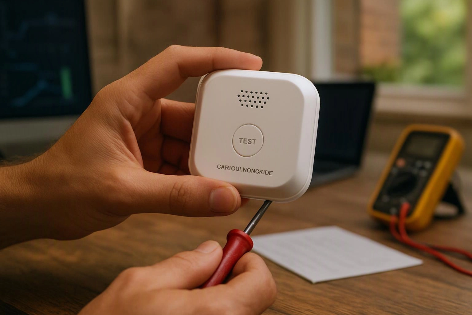 Hands hold a small white alarm, while a screwdriver loosens a screw on a wooden desk