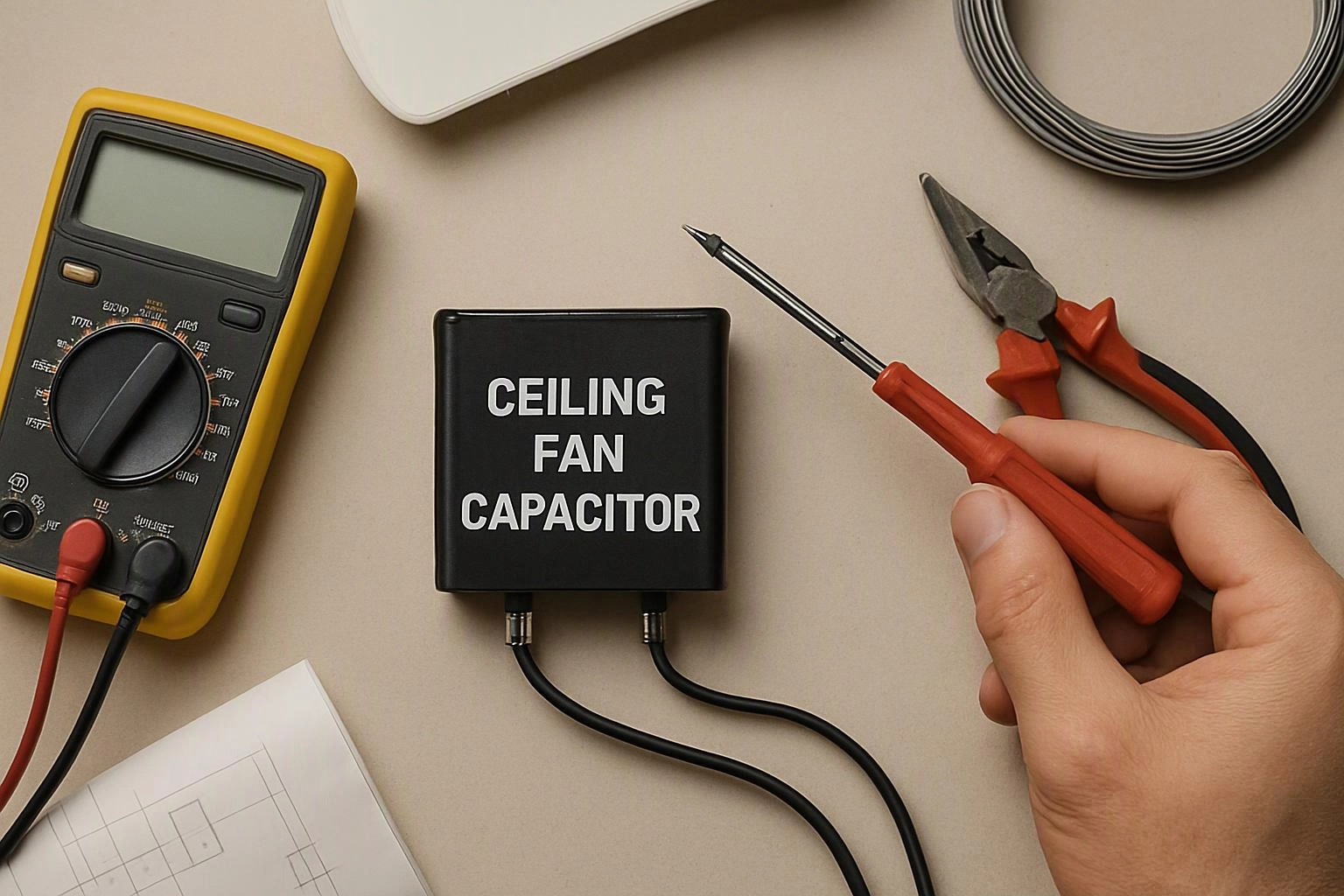 A hand holds a red screwdriver beside pliers, a multimeter, and a ceiling fan capacitor on a work surface