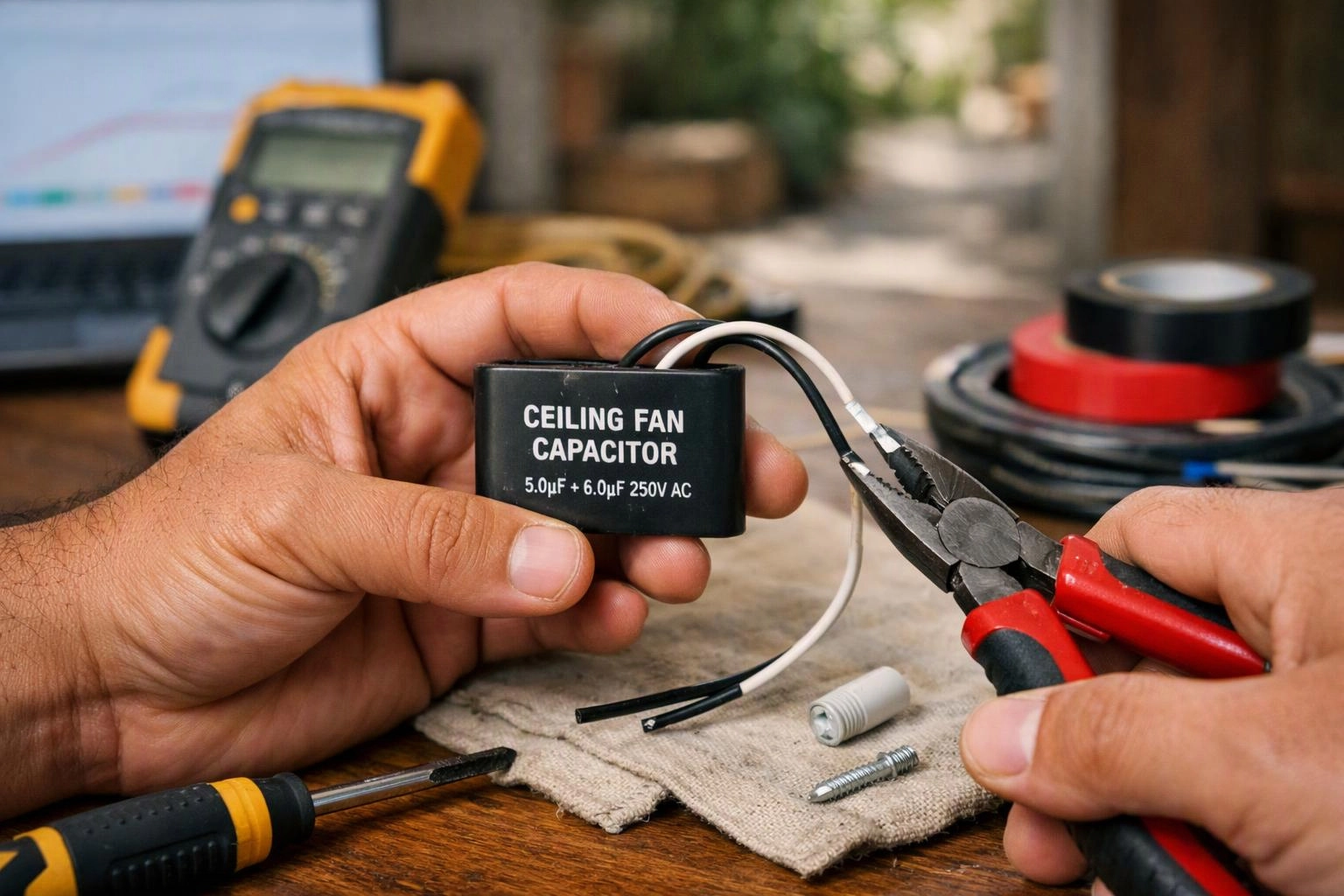 Hands hold a ceiling fan capacitor while pliers strip wires on a workbench with tools and tape nearby
